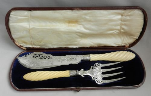 pair antique silver ivory fish servers