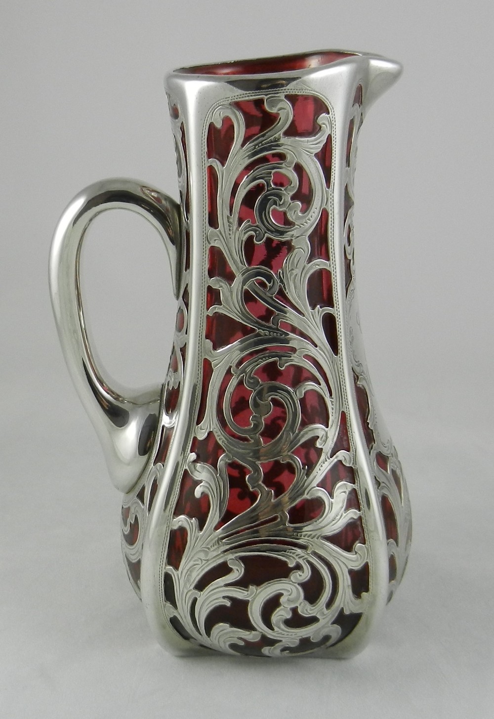 silver overlay ruby glass jug